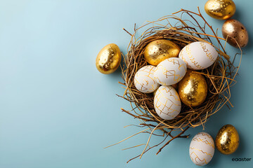 Golden Easter eggs in bird nest on pastel blue background. Happy Easter concept. Design template for card, banner, poster. Flat lay, top view  with copy space 
