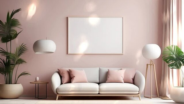 3D rendering. Mockup poster frame with minimalist modern interior background.