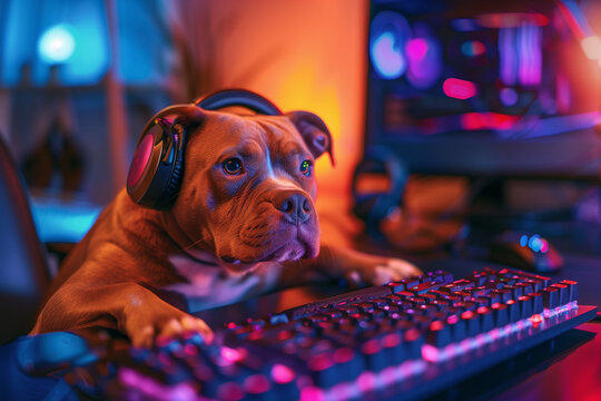 Dog Gaming Programming Hacking or Surfing on Computer with Bright Colors and Headphones