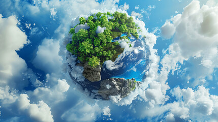Green planet with lush forests and rugged mountains,  clouds in clear blue sky. Conceptual image of Earth Day - obrazy, fototapety, plakaty