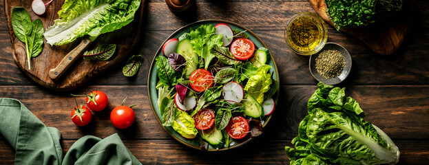Salad bowl. Fresh vegetables salad cooked of lettuce leaves, cucumber, radish and tomatoes, banner stock image - 764370801