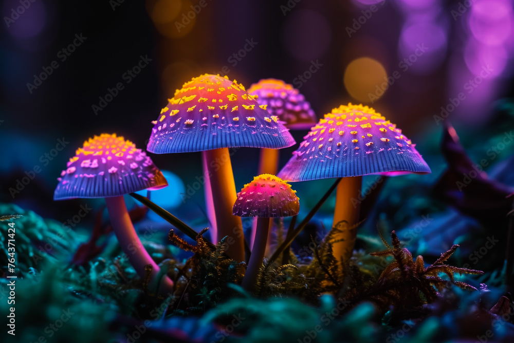 Poster magic mushrooms. background with selective focus and copy space