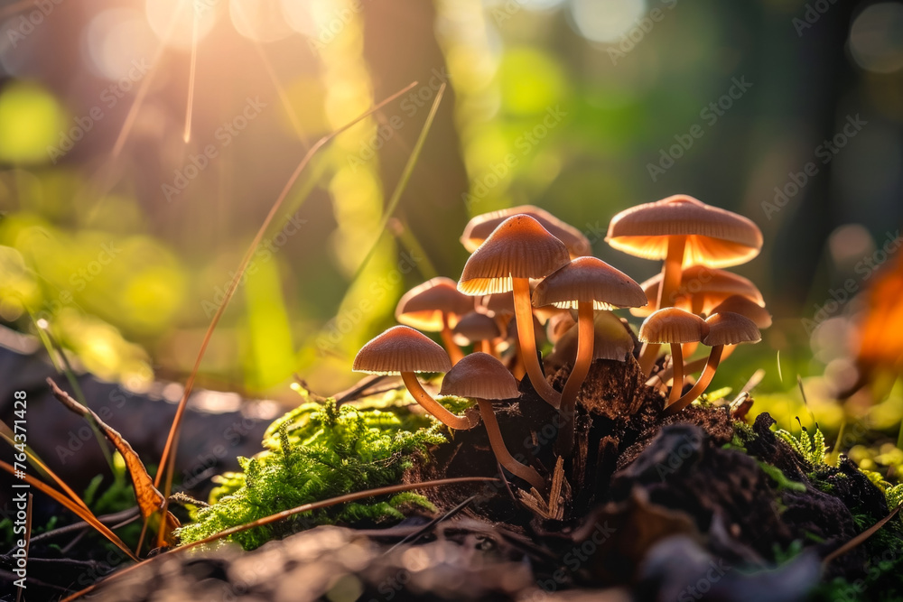 Poster mushrooms in the forest. background with selective focus and copy space