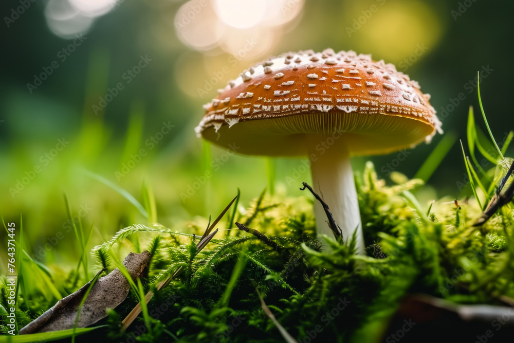 Poster fly agaric in the forest. background with selective focus and copy space