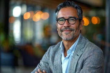 A man wearing glasses and a gray jacket is smiling for the camera