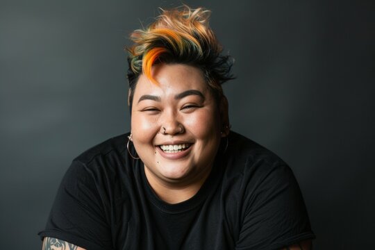 Non-binary person with a colorful hairstyle is smiling and posing for a picture