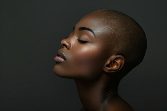 A woman with a shaved head and a dark complexion
