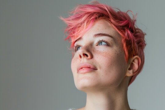 Non-binary person with pink hair and blue eyes is looking up at the camera