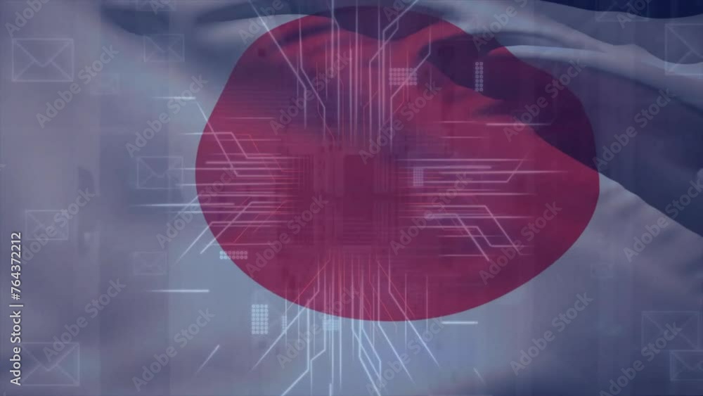 Poster animation of flag of japan, digital data processing over computer circuit board