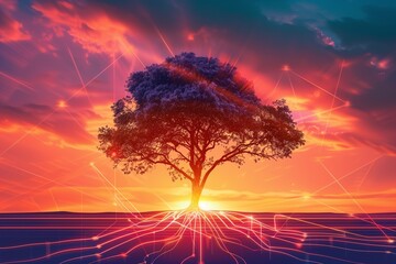 Geothermal Energy Tree at Sunset: Earth Day's Warmth from Within tree rooted in geothermal energy lines, set against a vibrant sunset. - obrazy, fototapety, plakaty