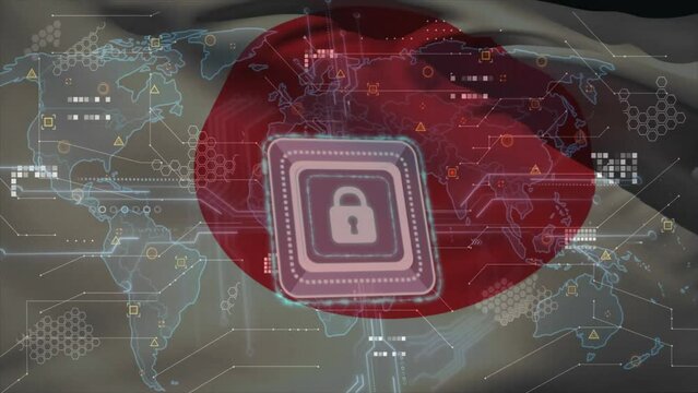Animation of flag of japan, digital padlock, data processing over computer circuit board