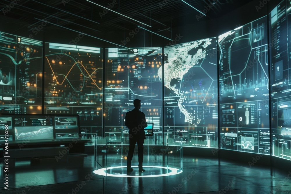 Poster a man stands in front of a large monitor displaying a map of the world