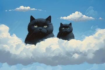 Two Felidae with shining eyes are perched on fluffy clouds in the azure sky, showcasing their carnivorous features and whiskers - obrazy, fototapety, plakaty