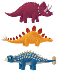 Triceratops, stegosaurus and ankylosaurus illustration set. Colorful collection of cute herbivorous dinos. Isolated on white background. Print for children room poster, t-shirt, stationery
