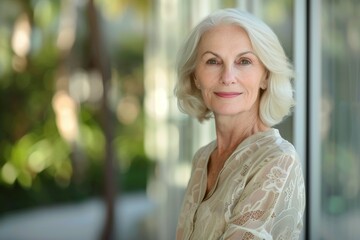 A woman with white hair is smiling and wearing a white blouse