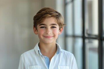 A young boy with brown hair and a white shirt is smiling for the camera
