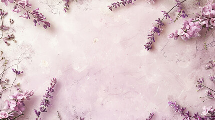 Pale pink paper texture with soft lavender blooms artfully arranged at the edges