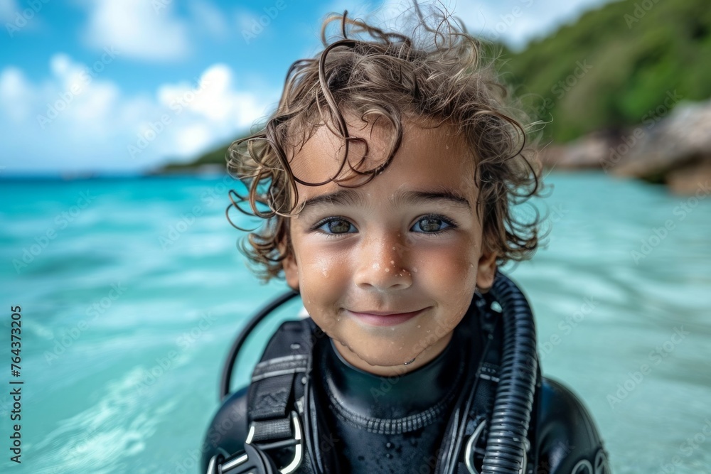 Poster child at diving lessons. background with selective focus and copy space