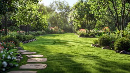Fototapeta na wymiar A lush green grassy lawn with stepping stones leading to a flower garden, AI