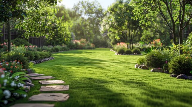 A lush green grassy lawn with stepping stones leading to a flower garden, AI