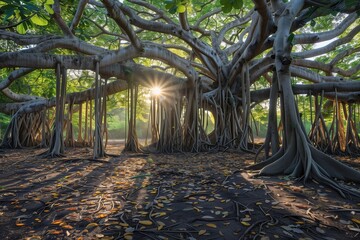 Healing Banyan: Nature's Network of Life sprawling banyan tree, roots descending from the branches to the earth below, creating a natural sanctuary.