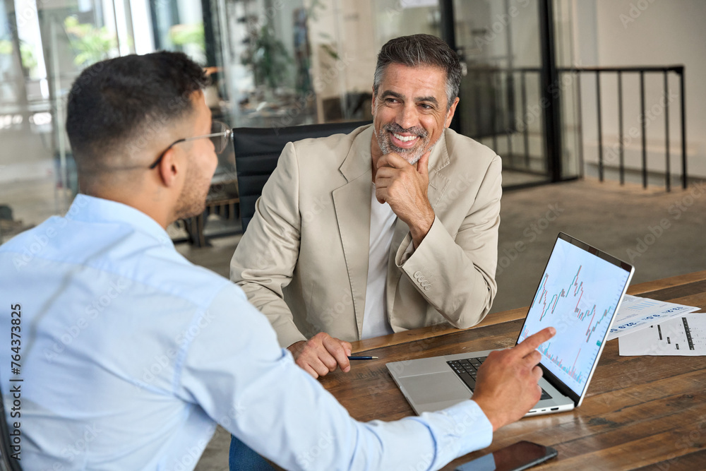 Aufkleber financial advisor consulting smiling stock exchange market investor showing charts on laptop compute