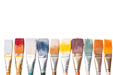 Row of artist paintbrushes, isolated cutout object on transparent background 