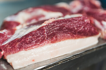 closeup shot of fresh pork on the table, natural food concept. High quality photo