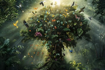 Majestic Biodiversity Tree Thriving at the Heart of a Pristine Rainforest its branches a living mosaic of diverse ecosystems, from vibrant birds to lush ferns and exotic flowers.
