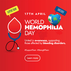 World Hemophilia day.17th April World Haemophilia day celebration social media post in bright red background with a drop of blood and an earth globe icon in it. Recognizing all bleeding disorders post - obrazy, fototapety, plakaty