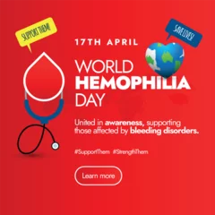 Fotobehang World Hemophilia day.17th April World Haemophilia day celebration social media post in bright red background with a drop of blood and an earth globe icon in it. Recognizing all bleeding disorders post © Sabeen
