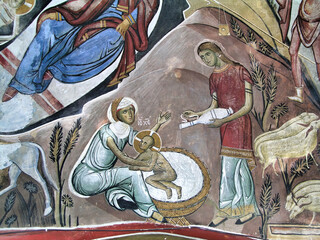 The frescoes of the Orthodox - Byzantine - La Panagia tou Araka, or Arakos (Cyprus) Nativity with...