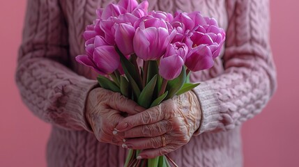 Professional studio photo, hands of grandma holding wrapped purple tulips bouquet, pink background, monochrome, mother's day card. Wrinkled hands