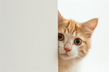 Orange cat looks around a corner curiously