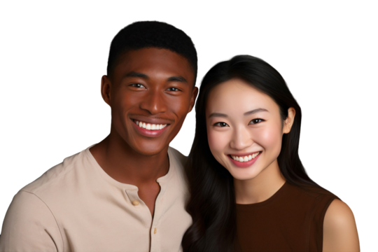 Happy smiling of two couple African American guy and Asian girl, love and embrace in joyful happiness, isolated on transparent background