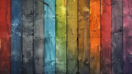 A close up of a rainbow colored wood wall with holes in it, AI