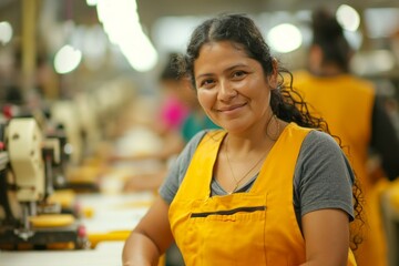 Workers at a textile factory. Backdrop with selective focus and copy space
