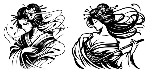 dynamic geisha portraits traditional elegance in motion vector illustration silhouette for laser cutting cnc, engraving, decorative clipart, black shape outline