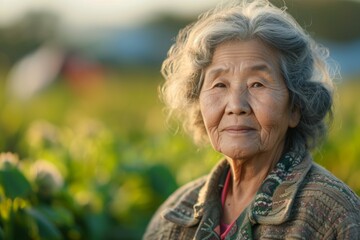 Woman farmer, female portrait. Backdrop with selective focus and copy space
