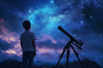 Boy in the dark of the night with a telescope. Backdrop with selective focus and copy space