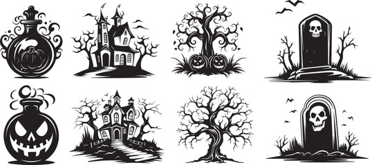 haunted house, spooky tree, and grave illustration, black vector laser cutting engraving - obrazy, fototapety, plakaty