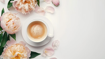 top view of a desktop, a cup of coffee and peony flowers on a white background