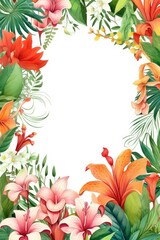 Fototapeta na wymiar Watercolor painting of tropical flowers and leaves on white background. Copy space