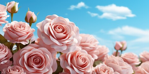 Pink hybrid tea roses bloom against a blue sky with fluffy clouds - obrazy, fototapety, plakaty