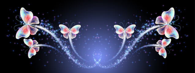 Magic butterflies with fantasy sparkle and blazing trail and glowing stars on night background