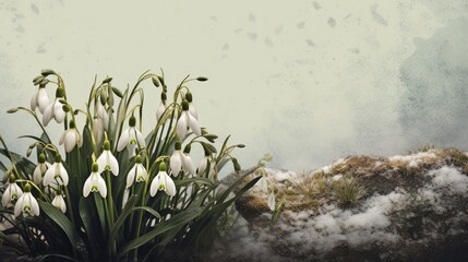 Cluster of snowdrop flowers amidst green leaves on a gray background