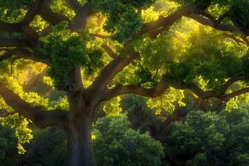 Summer's Majesty: A Lush Green Oak Tree Basking in Golden Afternoon Sunlight a grand oak tree, its leaves a vibrant green, standing tall under the golden rays of a summer afternoon.