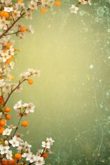 Tree branch with white flowers and orange berries on a green background. Copy space