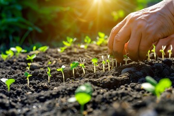 Sustainable Farming Practices on Earth Day: A High Definition Image of Hand Planting Seedlings in Fertile Soil Under the Warm Spring Sun, with copy space for text