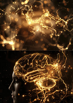Illustration of a brain on fire, exploding with ideas and light and electricity. Themes of creativity and inspiration. 3d style head with brain x-ray glowing on a black background.  Two sections.